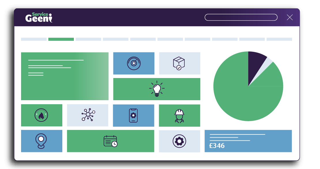 Illustrated image of a dashboard with multiple icons and a pie chart