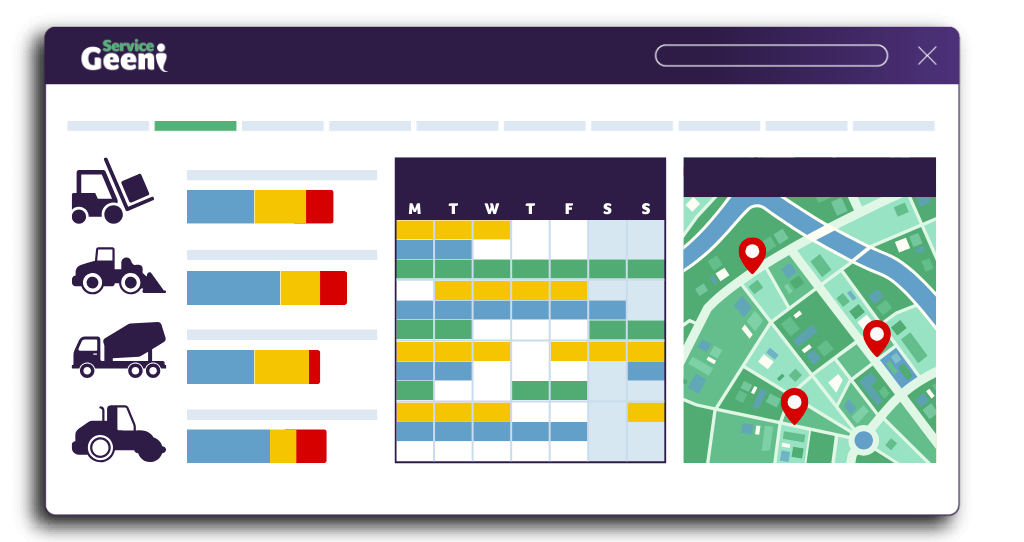 Illustrated image of a hire module with scheduling calendar, map and equipment