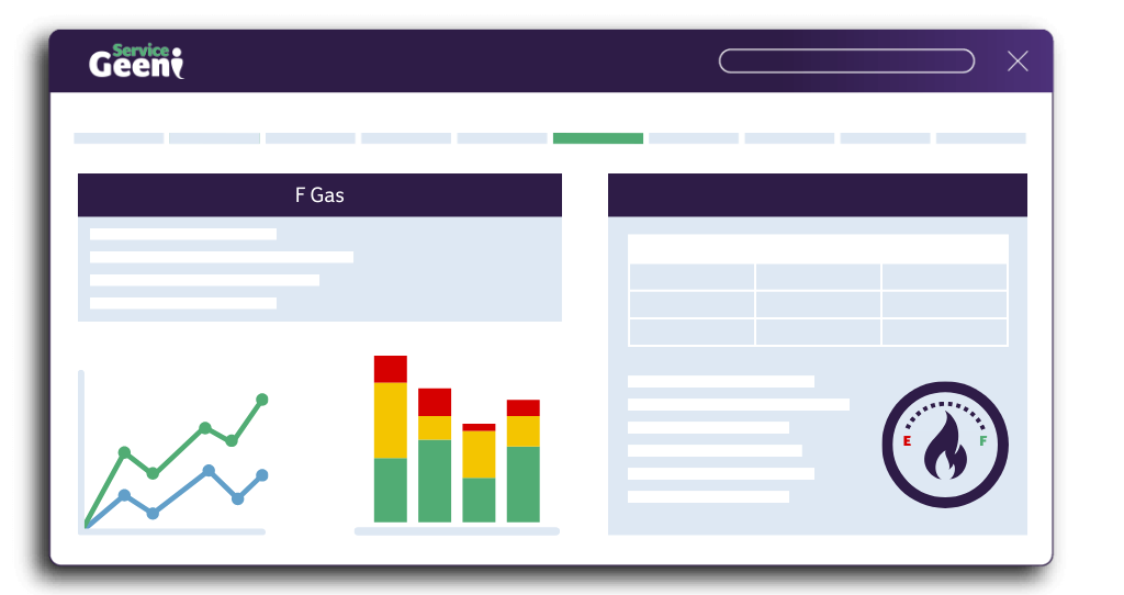 Illustrated image of a F Gas dashboard with multiple graphs and indicators