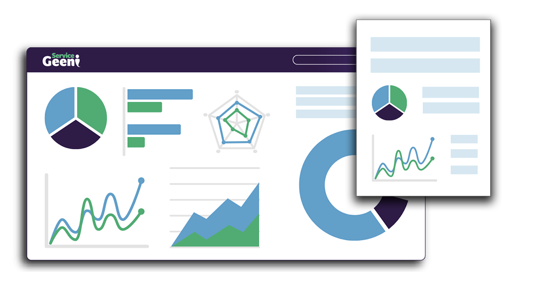 Illustrated image of a dashboard with multiple icons, charts, graphs and reports