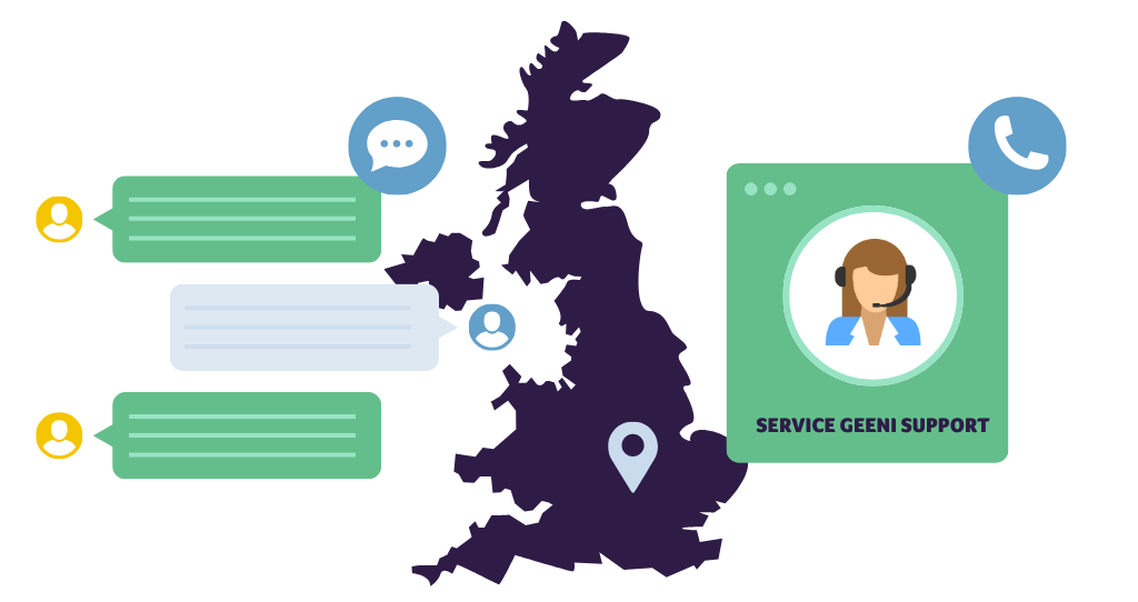 Illustration of UK support containing uk map and chat boxes