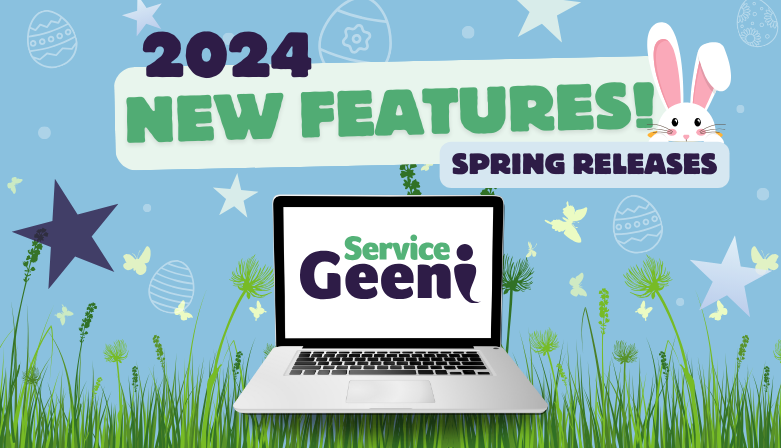 New features March 2024. Illustrated image of a laptop surrounded by grass and easter graphics with a blue sky, with the Service Geeni logo
