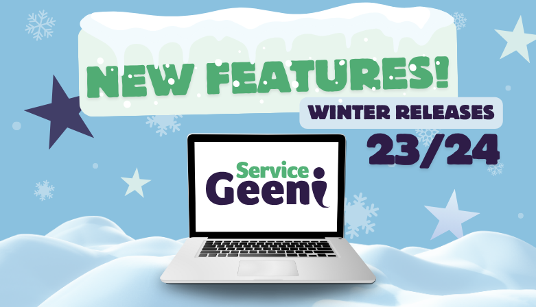New Feature Releases Winter 2023. Illustrated image of a laptop surrounded by snow with the Service Geeni logo